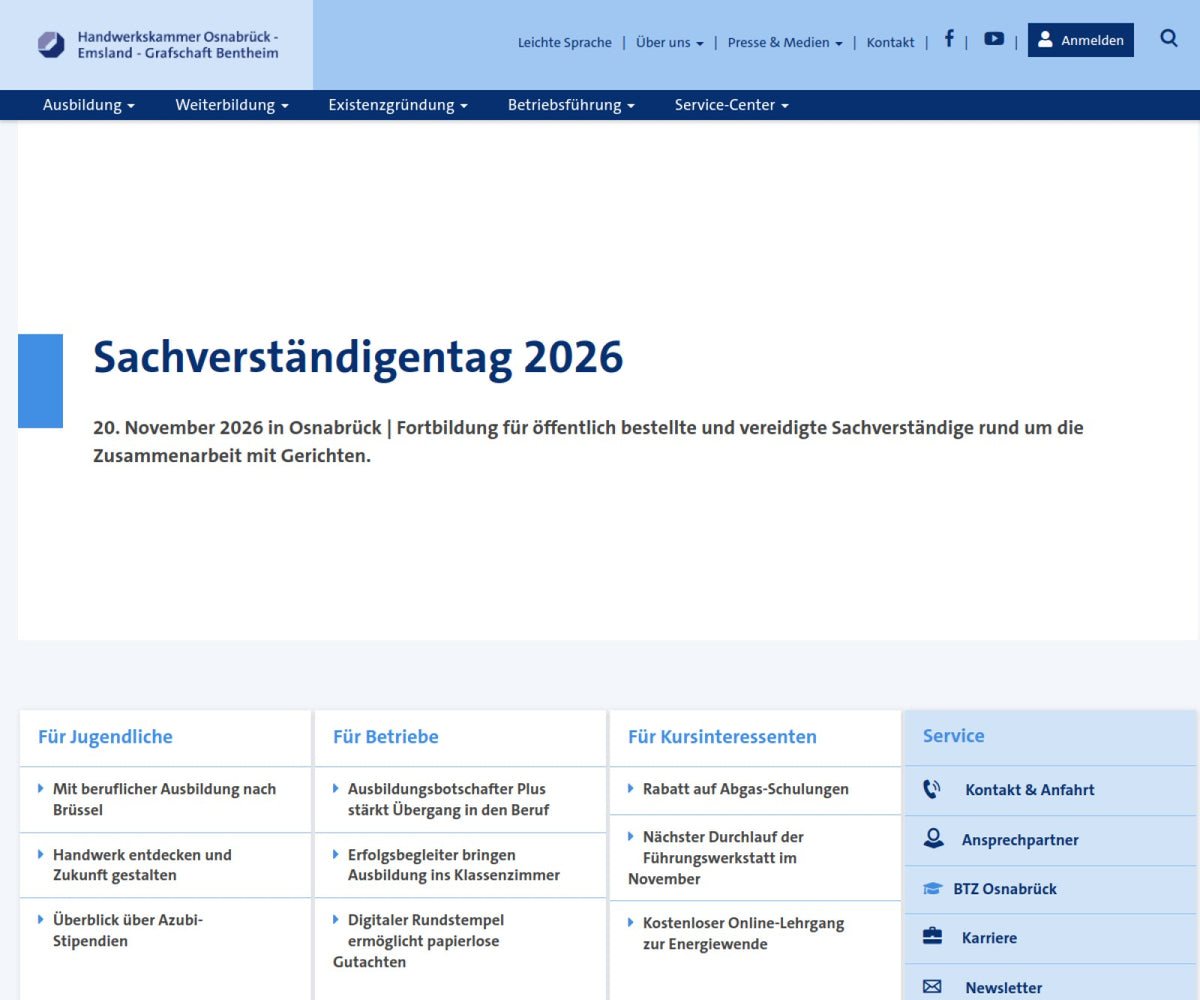 Screenshot der offiziellen Website von Handwerkskammer Osnabrück-Emsland-Grafschaft Bentheim