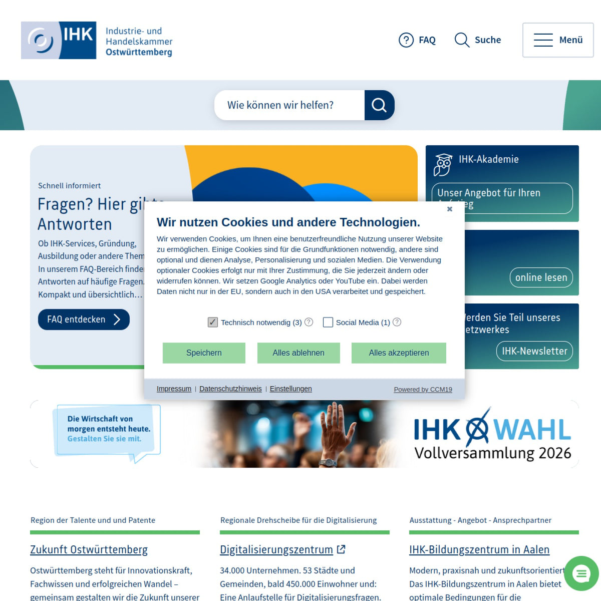 Screenshot der offiziellen Website von Industrie- und Handelskammer Ostwürttemberg