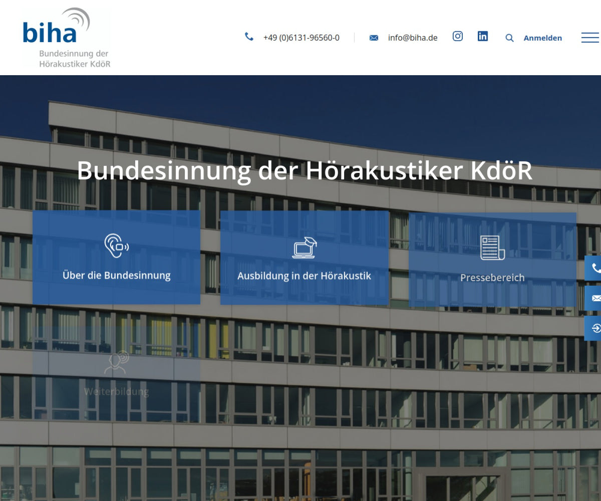 Screenshot der offiziellen Website von Bundesinnung der Hörakustiker (KdöR)