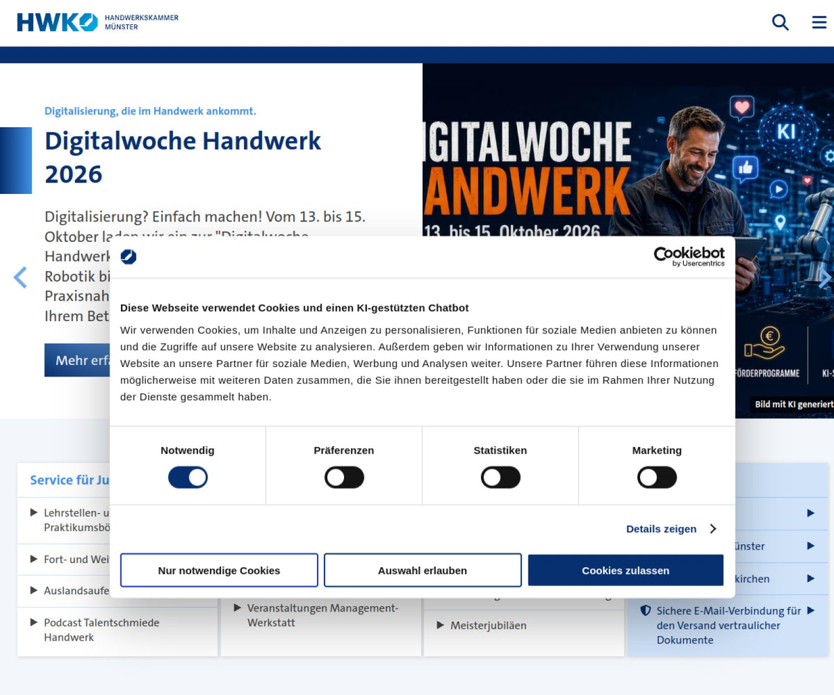 Screenshot der offiziellen Website von Handwerkskammer Münster