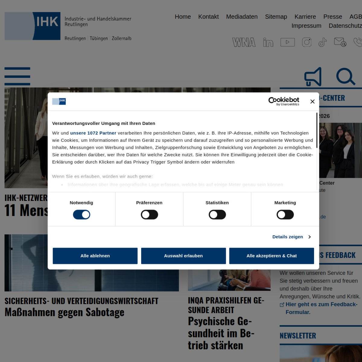 Screenshot der offiziellen Website von Industrie- und Handelskammer Reutlingen