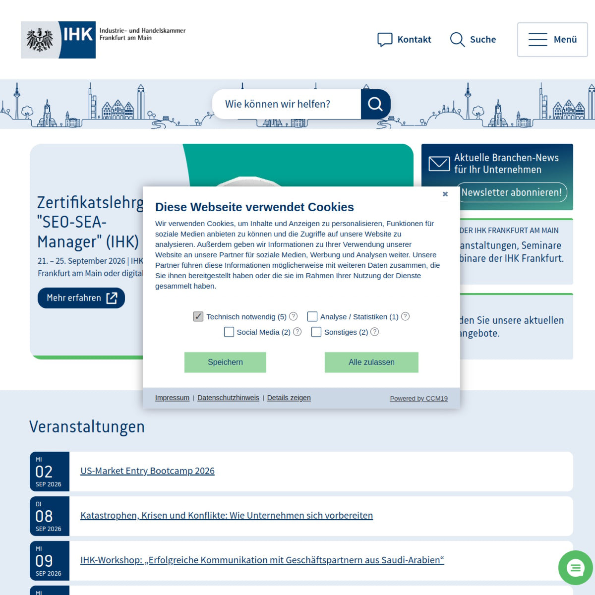 Screenshot der offiziellen Website von Industrie- und Handelskammer Frankfurt am Main