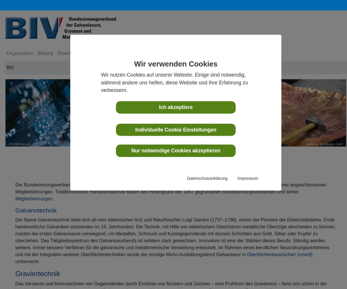 Screenshot der offiziellen Website von Bundesinnungsverband der Galvaniseure, Graveure und Metallbildner