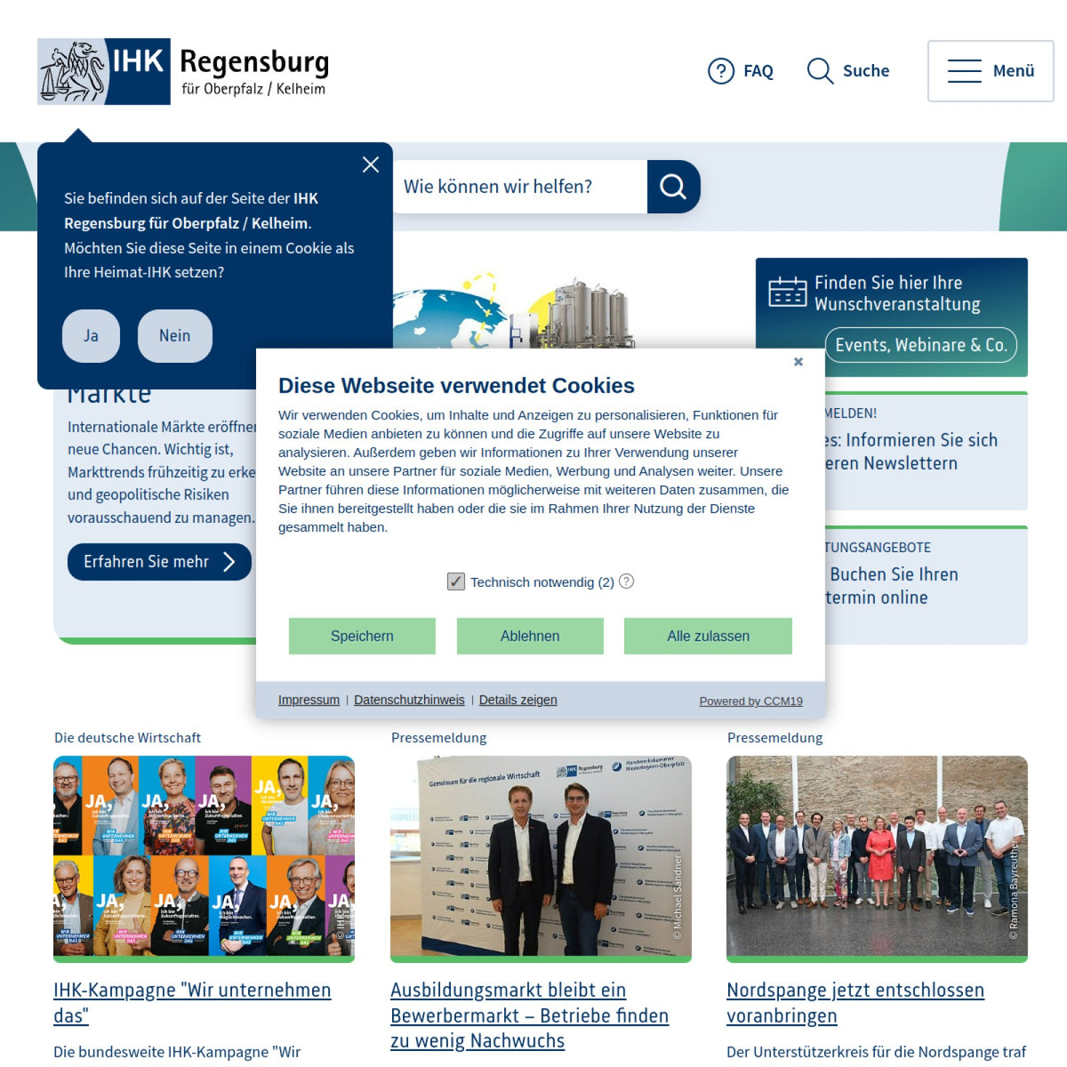 Screenshot der offiziellen Website von Industrie- und Handelskammer Regensburg für Oberpfalz / Kelheim