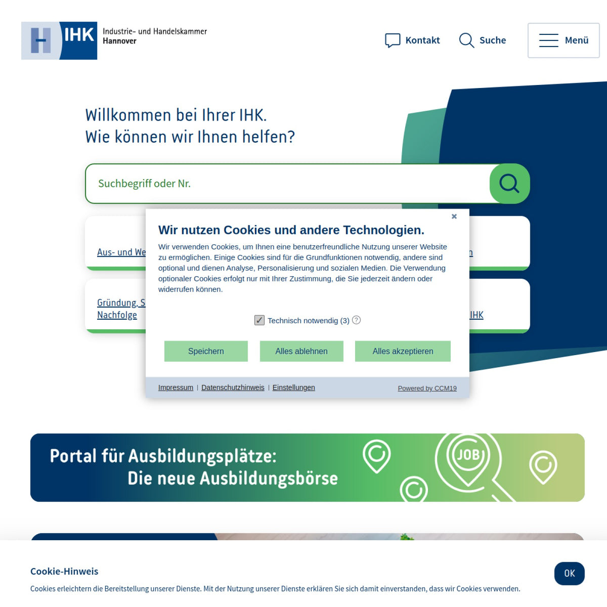 Screenshot der offiziellen Website von Industrie- und Handelskammer Hannover