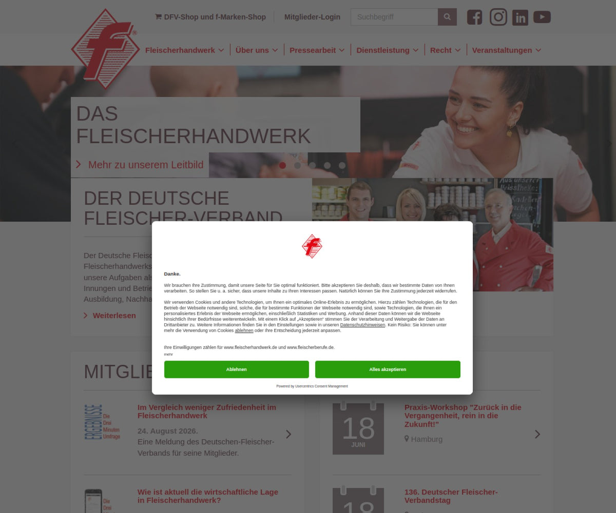 Screenshot der offiziellen Website von Deutscher Fleischer-Verband e.V.