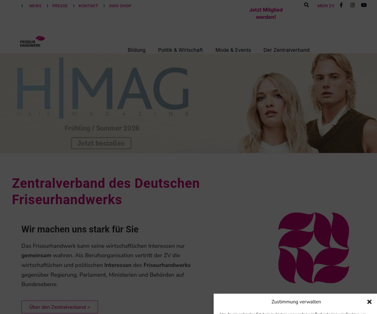 Screenshot der offiziellen Website von Zentralverband des Deutschen Friseurhandwerks