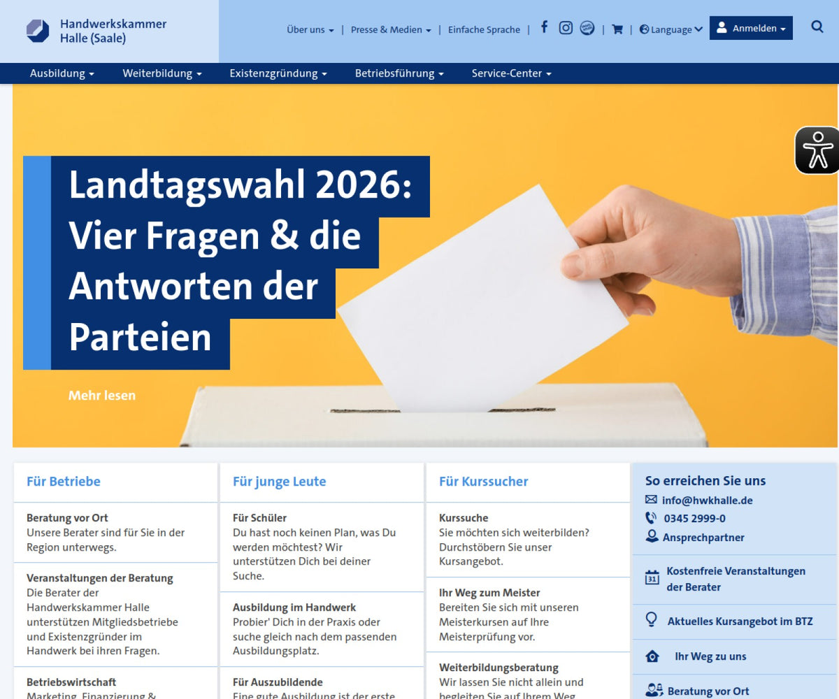 Screenshot der offiziellen Website von Handwerkskammer Halle (Saale)