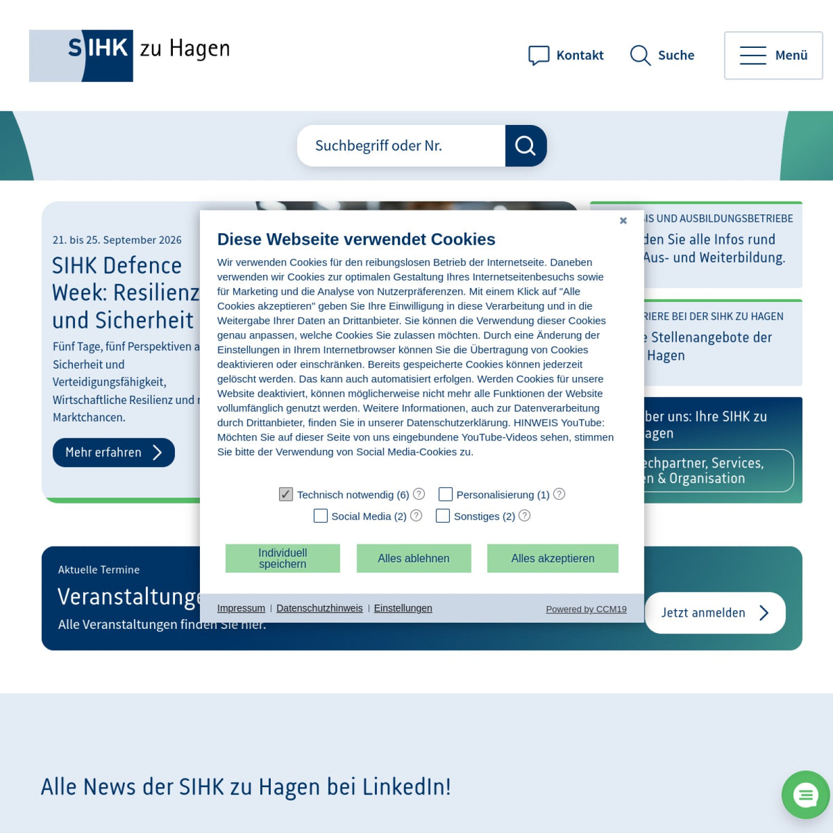 Screenshot der offiziellen Website von Südwestfälische Industrie- und Handelskammer zu Hagen
