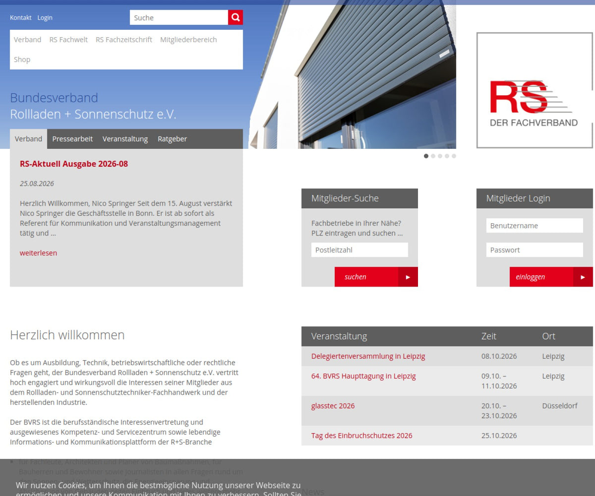 Screenshot der offiziellen Website von Bundesverband Rollladen + Sonnenschutz e.V.