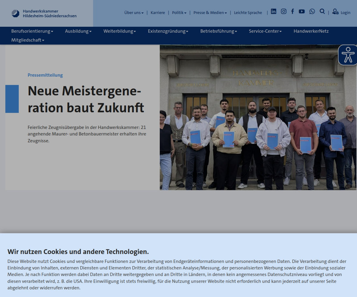 Screenshot der offiziellen Website von Handwerkskammer Hildesheim-Südniedersachsen