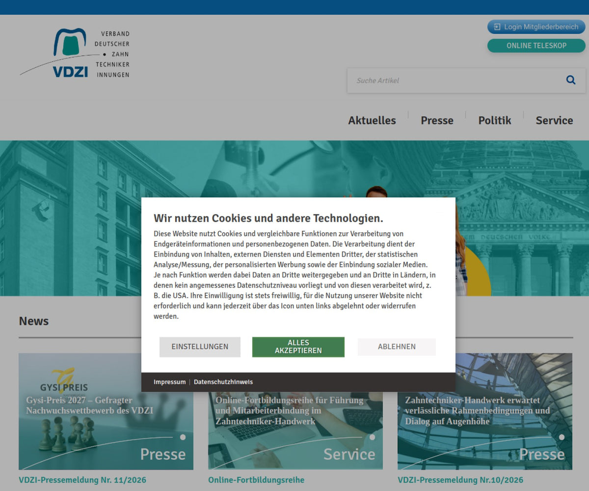 Screenshot der offiziellen Website von Verband Deutscher Zahntechniker-Innungen (VDZI)