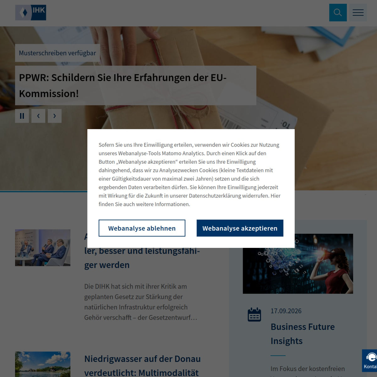 Screenshot der offiziellen Website von Industrie- und Handelskammer für Niederbayern in Passau