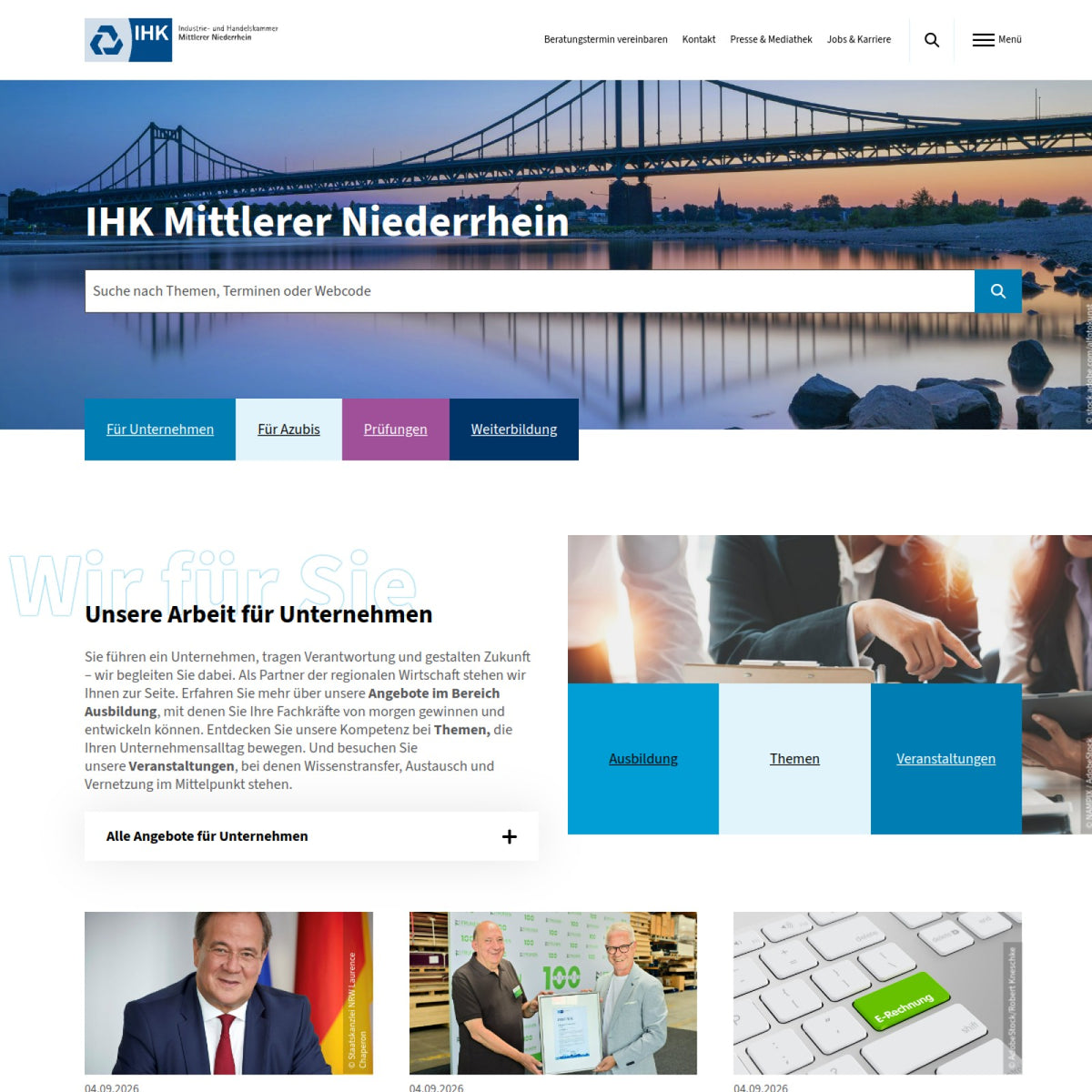 Screenshot der offiziellen Website von Industrie- und Handelskammer Mittlerer Niederrhein