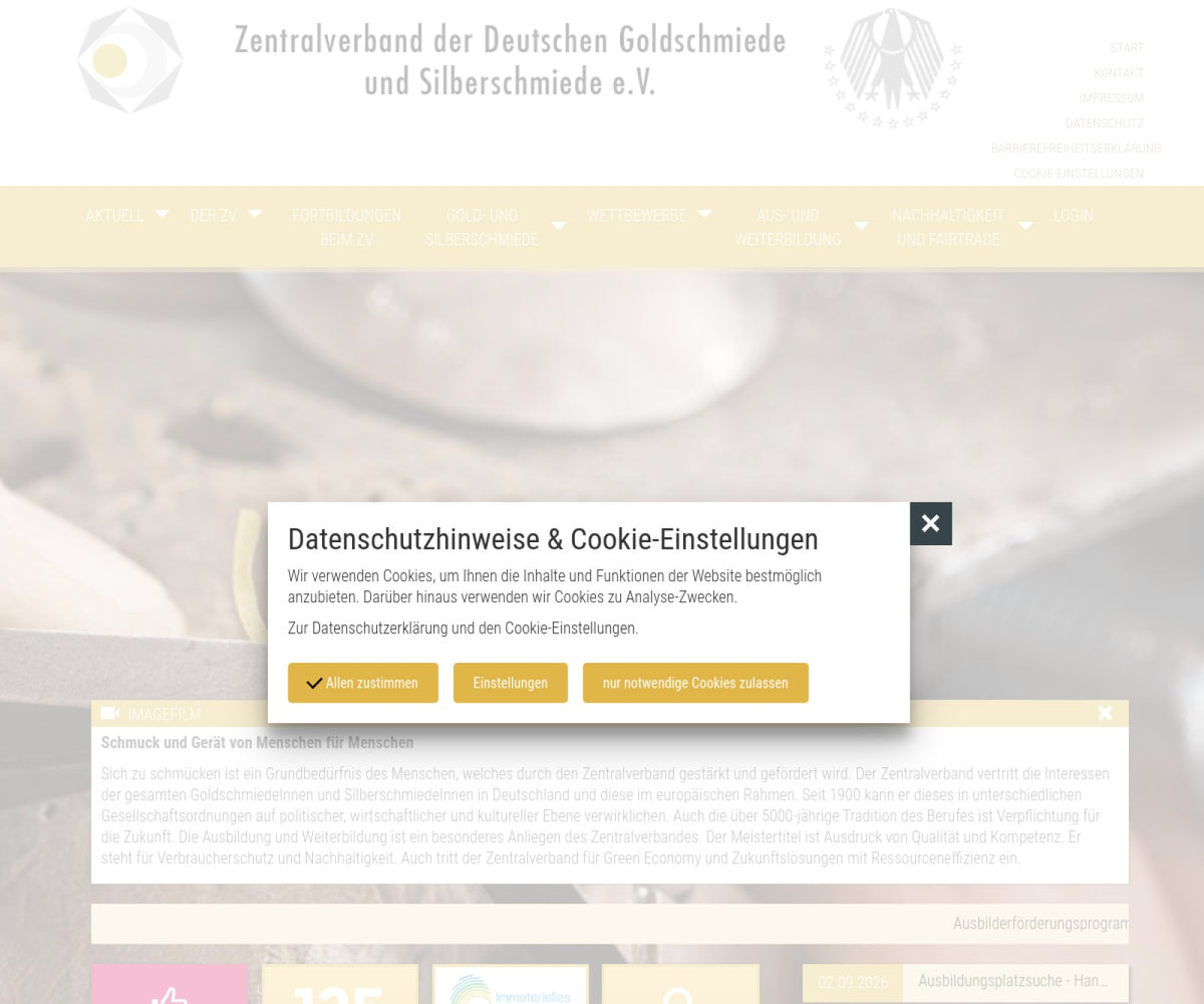 Screenshot der offiziellen Website von Zentralverband der Deutschen Goldschmiede und Silberschmiede e.V.