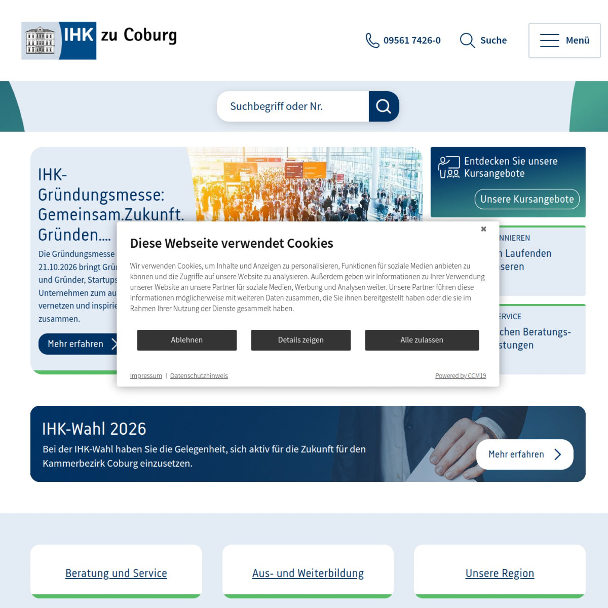 Screenshot der offiziellen Website von Industrie- und Handelskammer zu Coburg