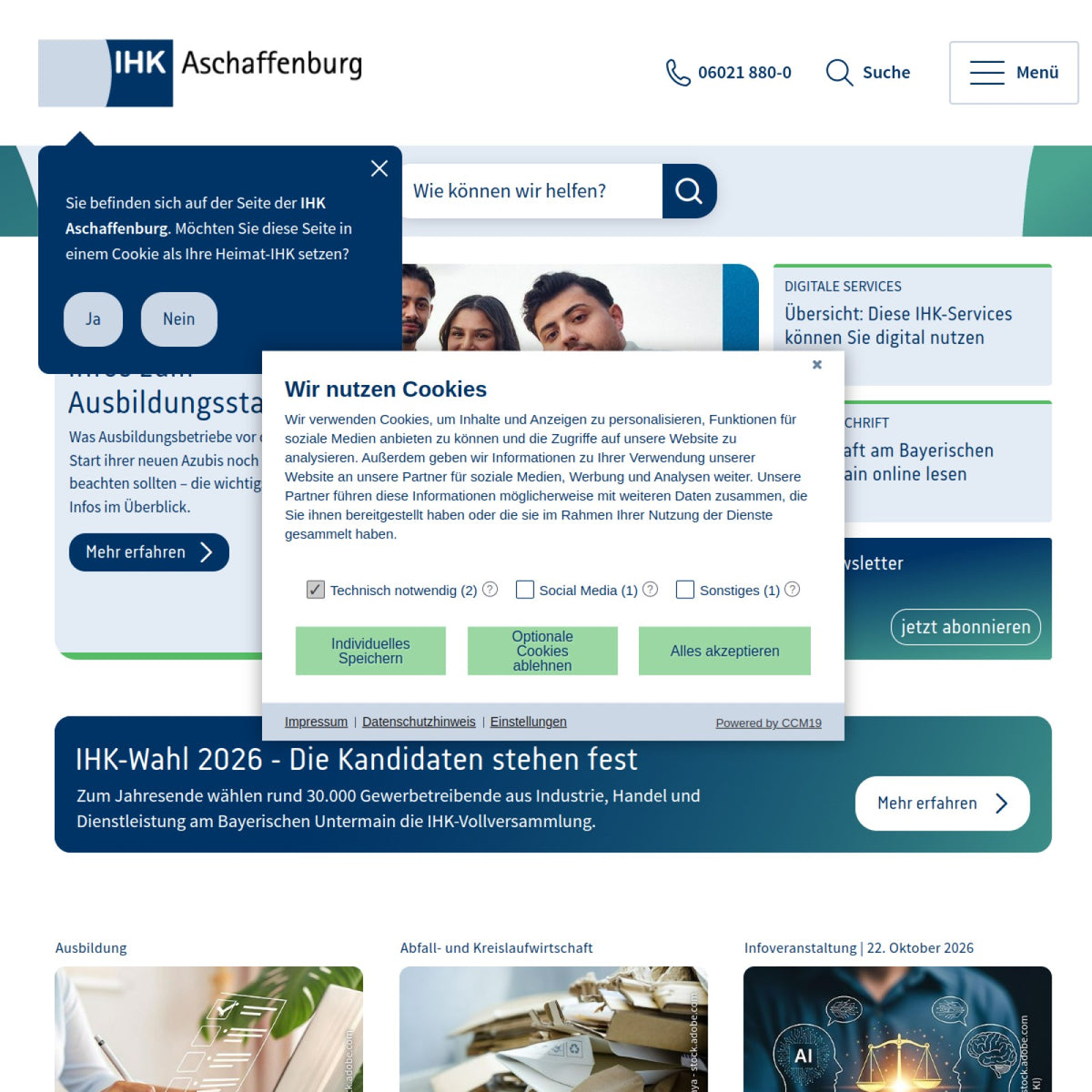 Screenshot der offiziellen Website von Industrie- und Handelskammer Aschaffenburg