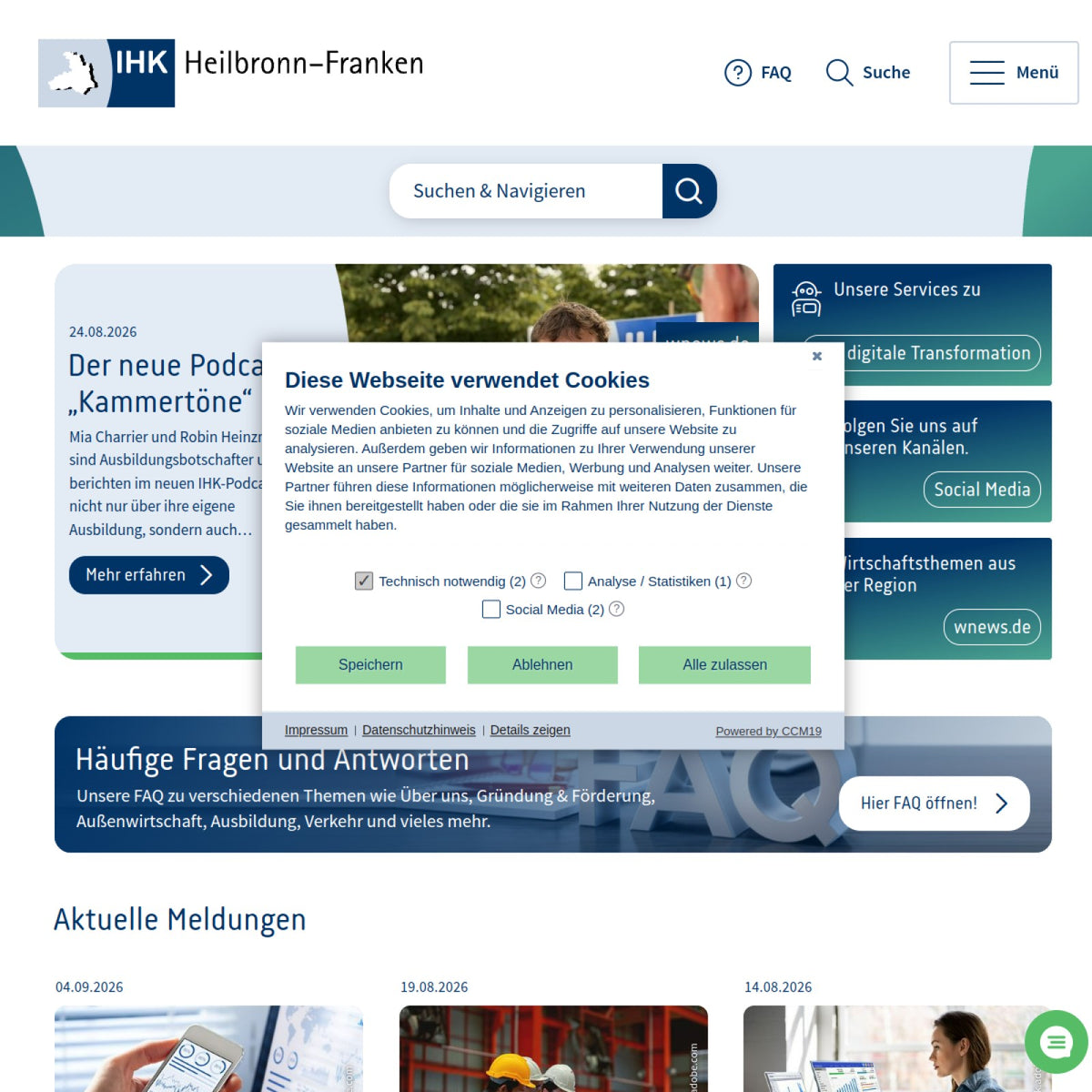 Screenshot der offiziellen Website von Industrie- und Handelskammer Heilbronn-Franken