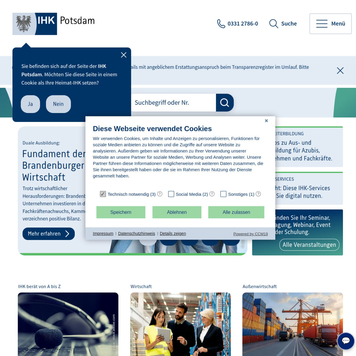 Screenshot der offiziellen Website von Industrie- und Handelskammer Potsdam