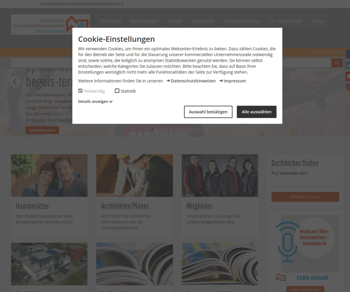 Screenshot der offiziellen Website von Zentralverband des Deutschen Dachdeckerhandwerks e.V.