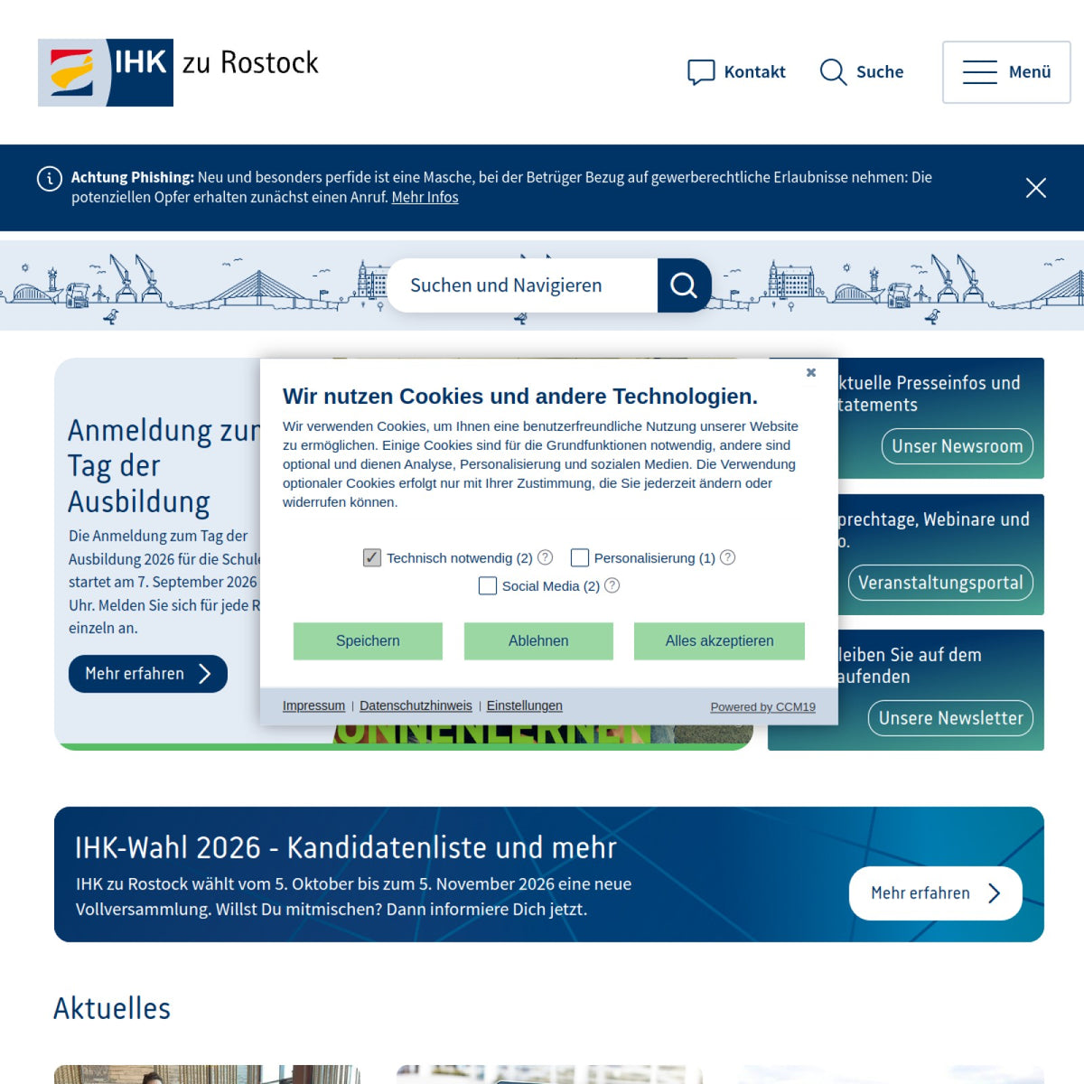Screenshot der offiziellen Website von Industrie- und Handelskammer zu Rostock