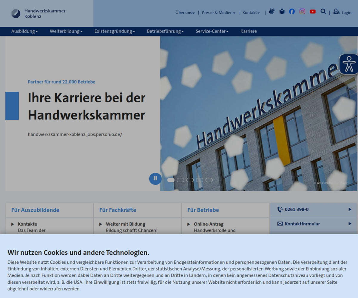 Screenshot der offiziellen Website von Handwerkskammer Koblenz