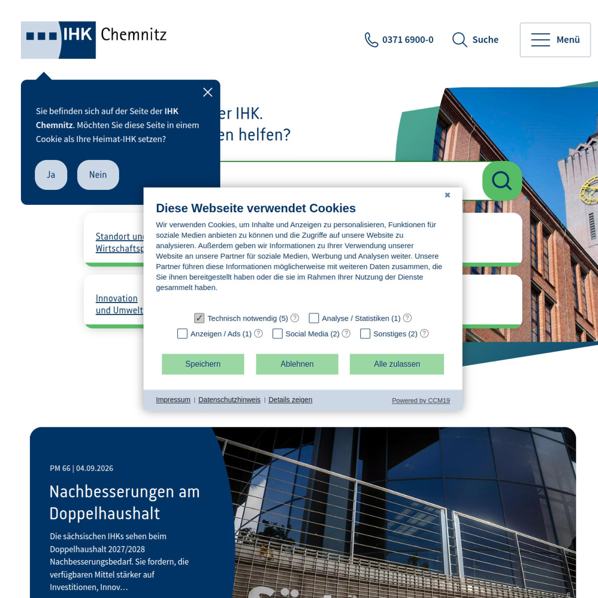 Screenshot der offiziellen Website von Industrie- und Handelskammer Chemnitz