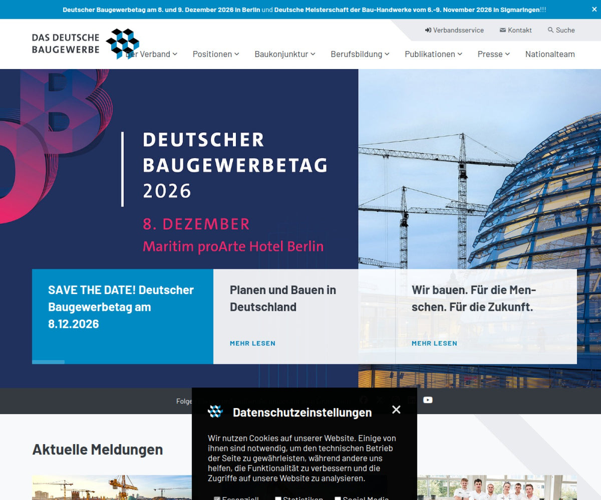 Screenshot der offiziellen Website von Zentralverband des Deutschen Baugewerbes e.V. (ZDB)