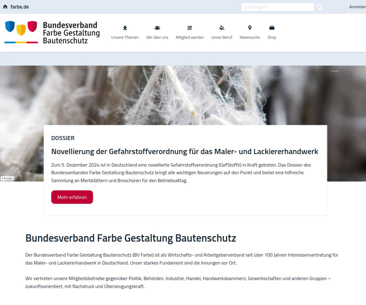 Screenshot der offiziellen Website von Bundesverband Farbe Gestaltung Bautenschutz