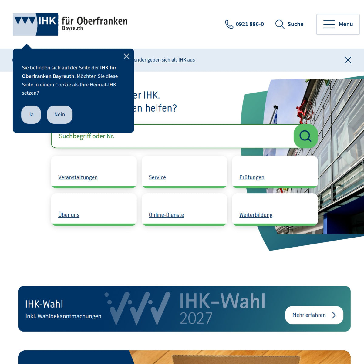 Screenshot der offiziellen Website von Industrie- und Handelskammer für Oberfranken Bayreuth
