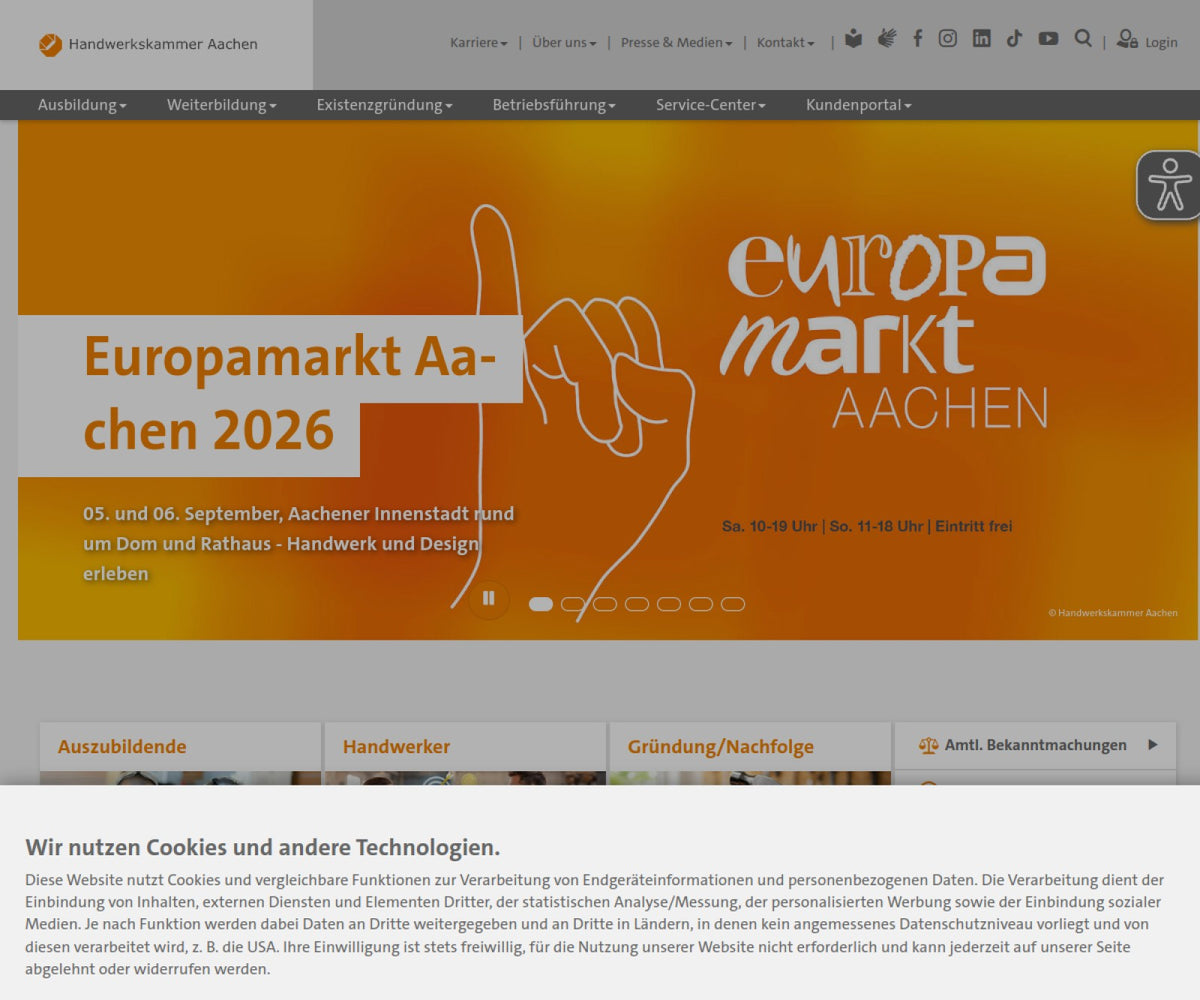 Screenshot der offiziellen Website von Handwerkskammer Aachen