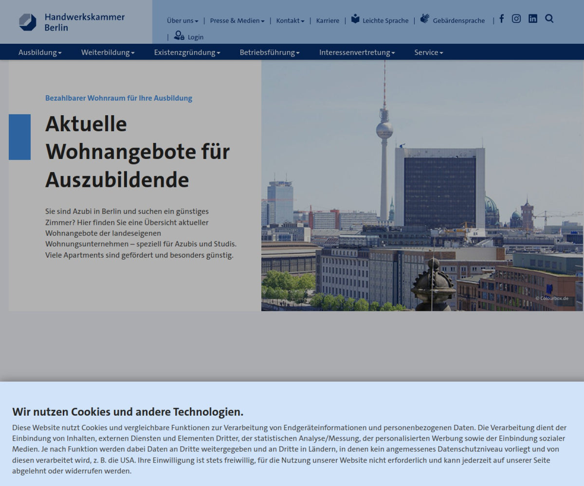 Screenshot der offiziellen Website von Handwerkskammer Berlin