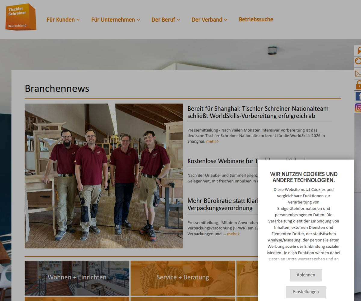 Screenshot der offiziellen Website von Tischler Schreiner Deutschland