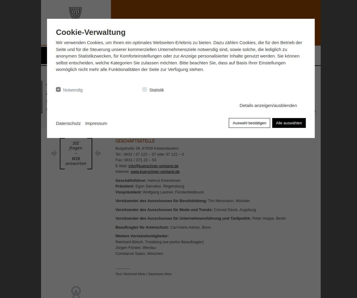 Screenshot der offiziellen Website von Zentralverband des Kürschnerhandwerks