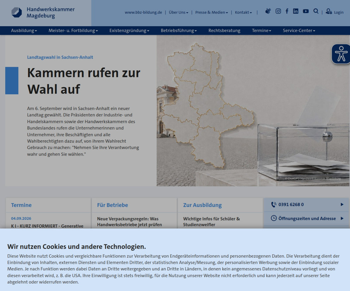 Screenshot der offiziellen Website von Handwerkskammer Magdeburg