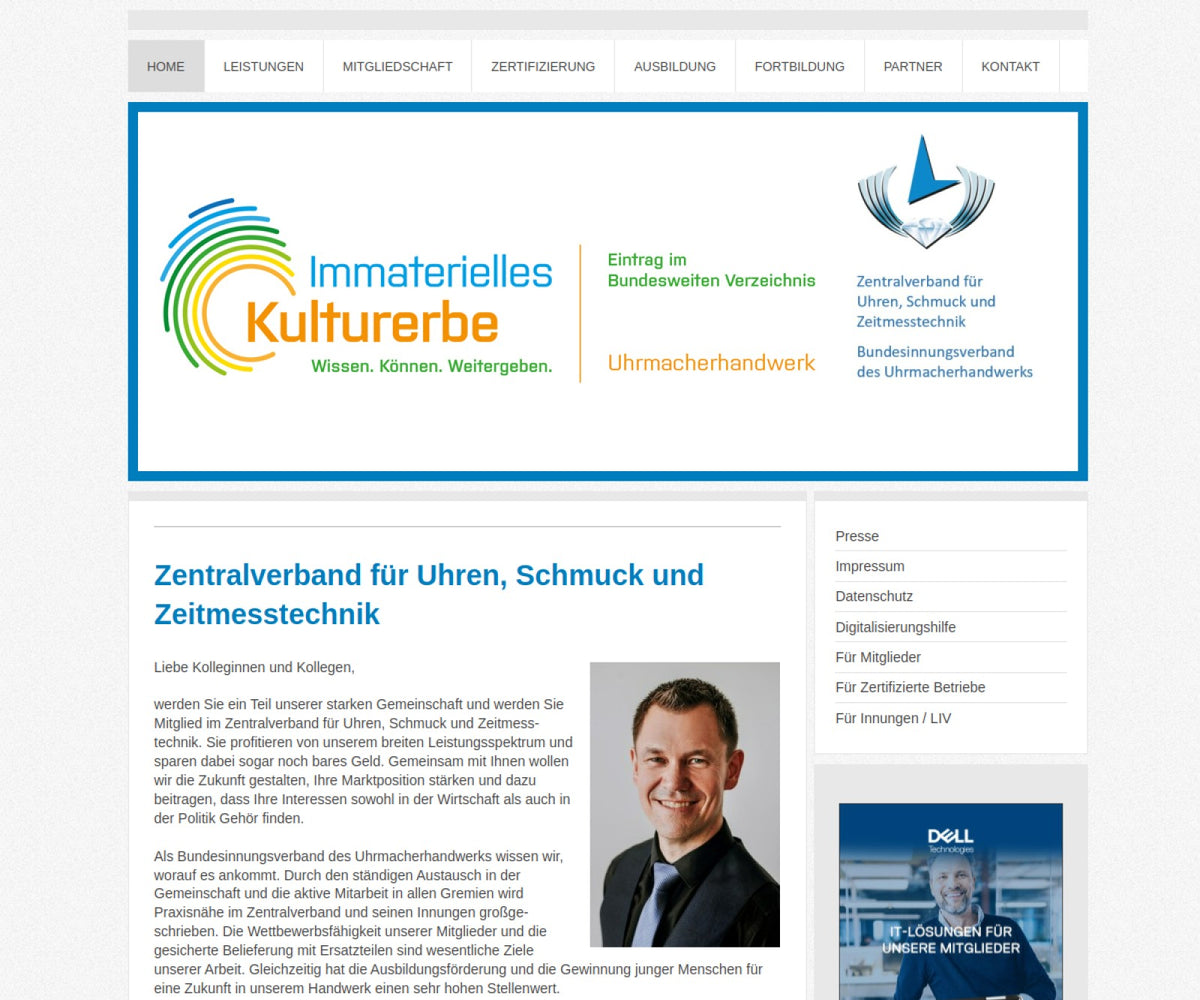 Screenshot der offiziellen Website von Zentralverband für Uhren, Schmuck und Zeitmesstechnik