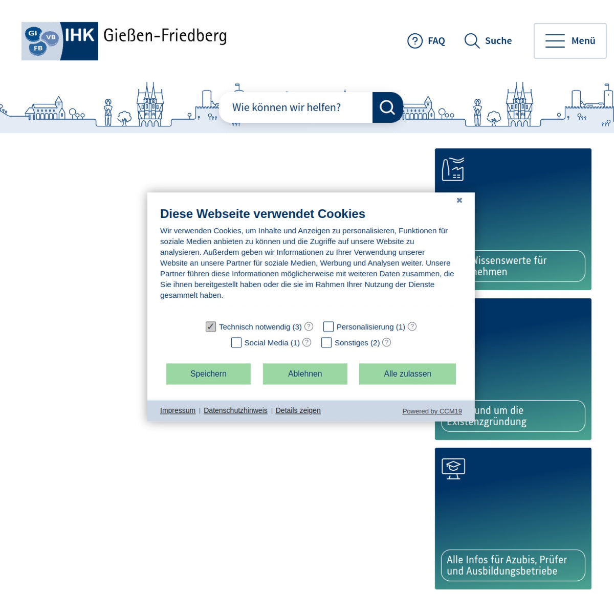Screenshot der offiziellen Website von Industrie- und Handelskammer Gießen-Friedberg