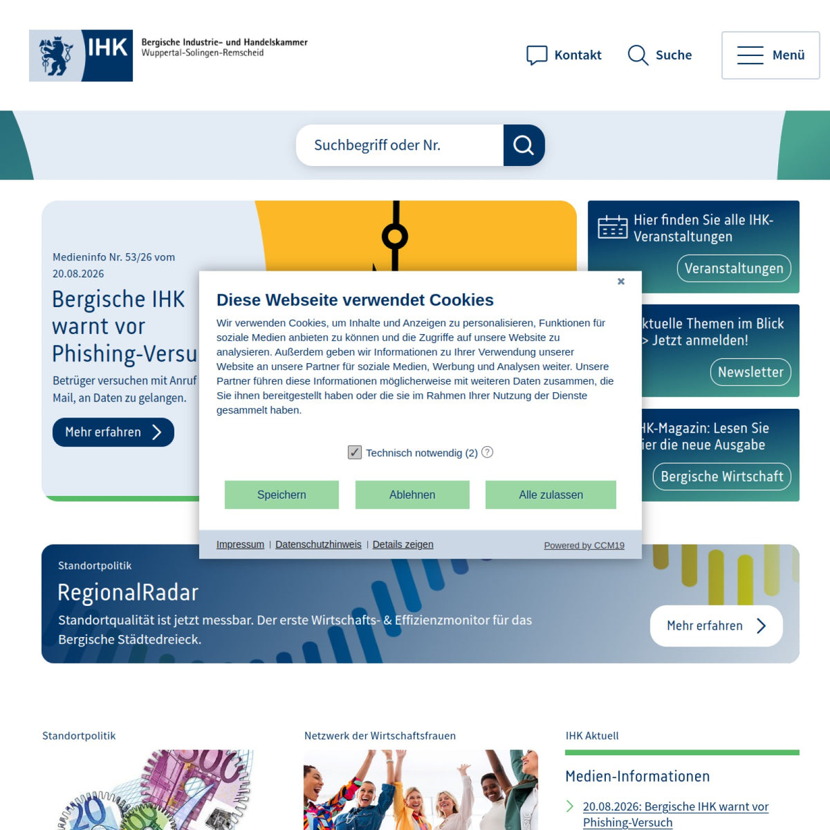 Screenshot der offiziellen Website von Bergische Industrie- und Handelskammer Wuppertal-Solingen-Remscheid