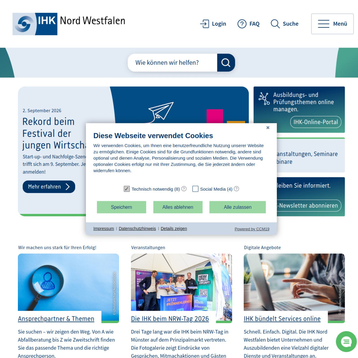 Screenshot der offiziellen Website von Industrie- und Handelskammer Nord Westfalen
