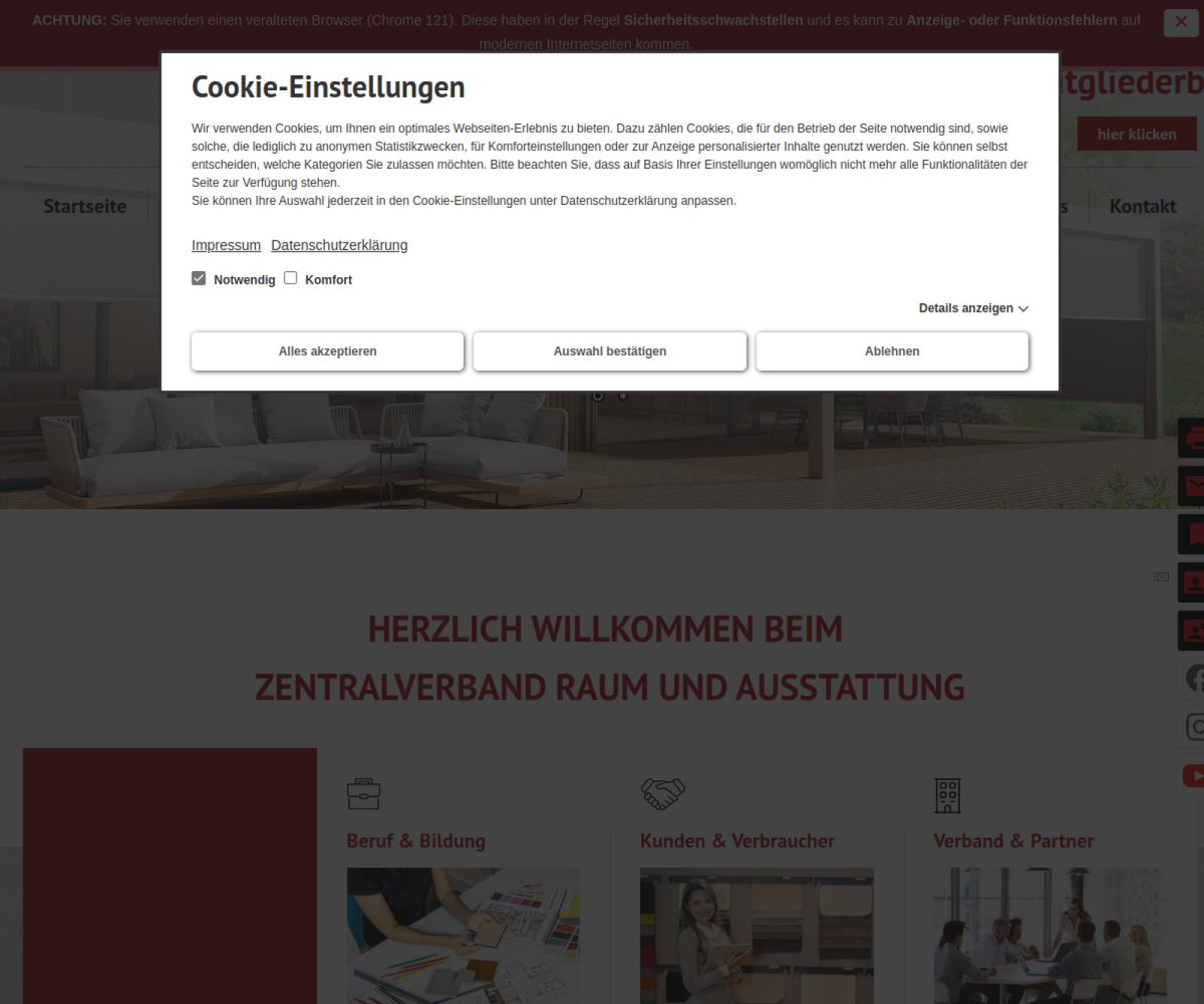 Screenshot der offiziellen Website von Zentralverband Raum und Ausstattung (ZVR)