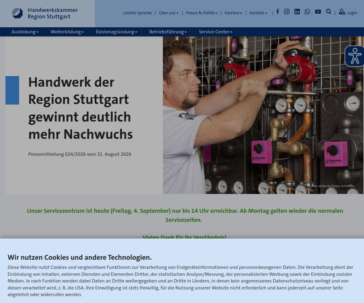 Screenshot der offiziellen Website von Handwerkskammer Region Stuttgart