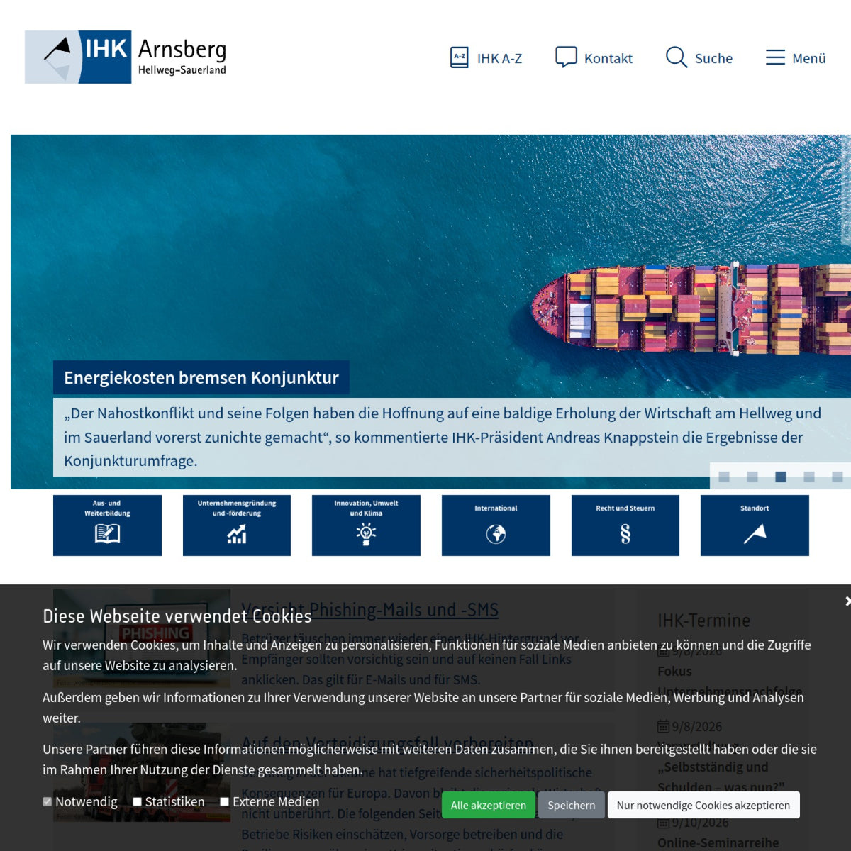 Screenshot der offiziellen Website von Industrie- und Handelskammer Arnsberg, Hellweg-Sauerland