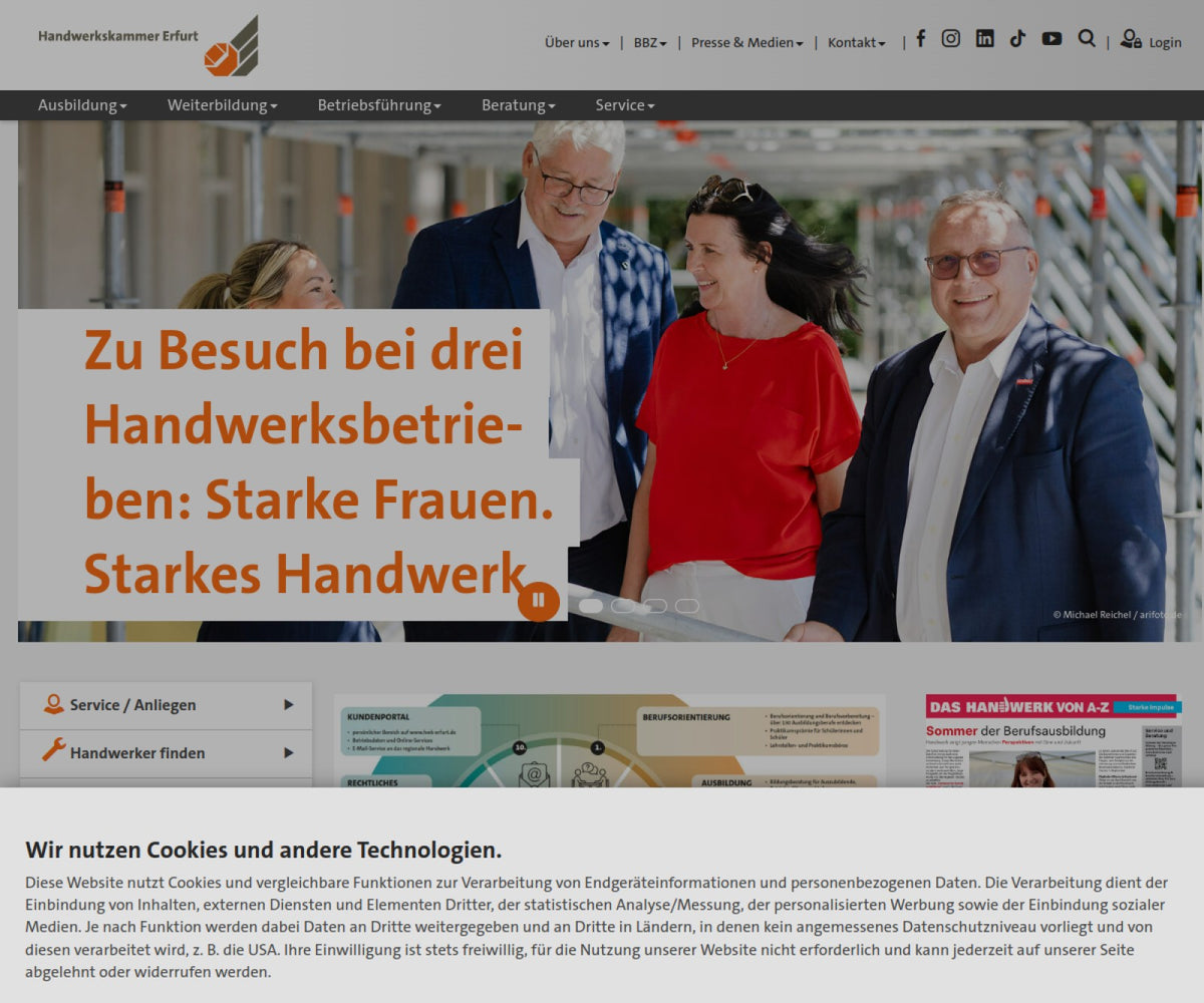 Screenshot der offiziellen Website von Handwerkskammer Erfurt