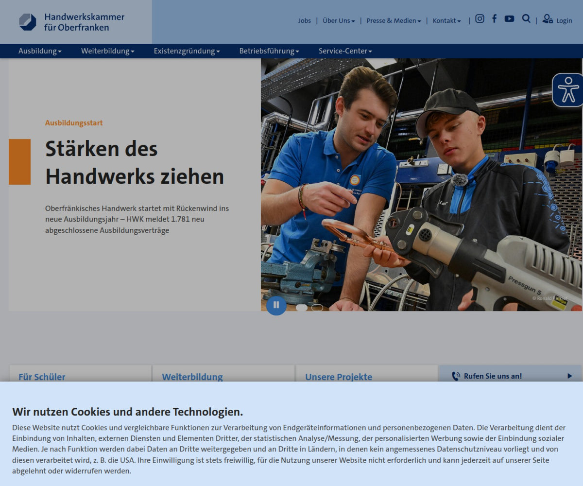 Screenshot der offiziellen Website von Handwerkskammer für Oberfranken