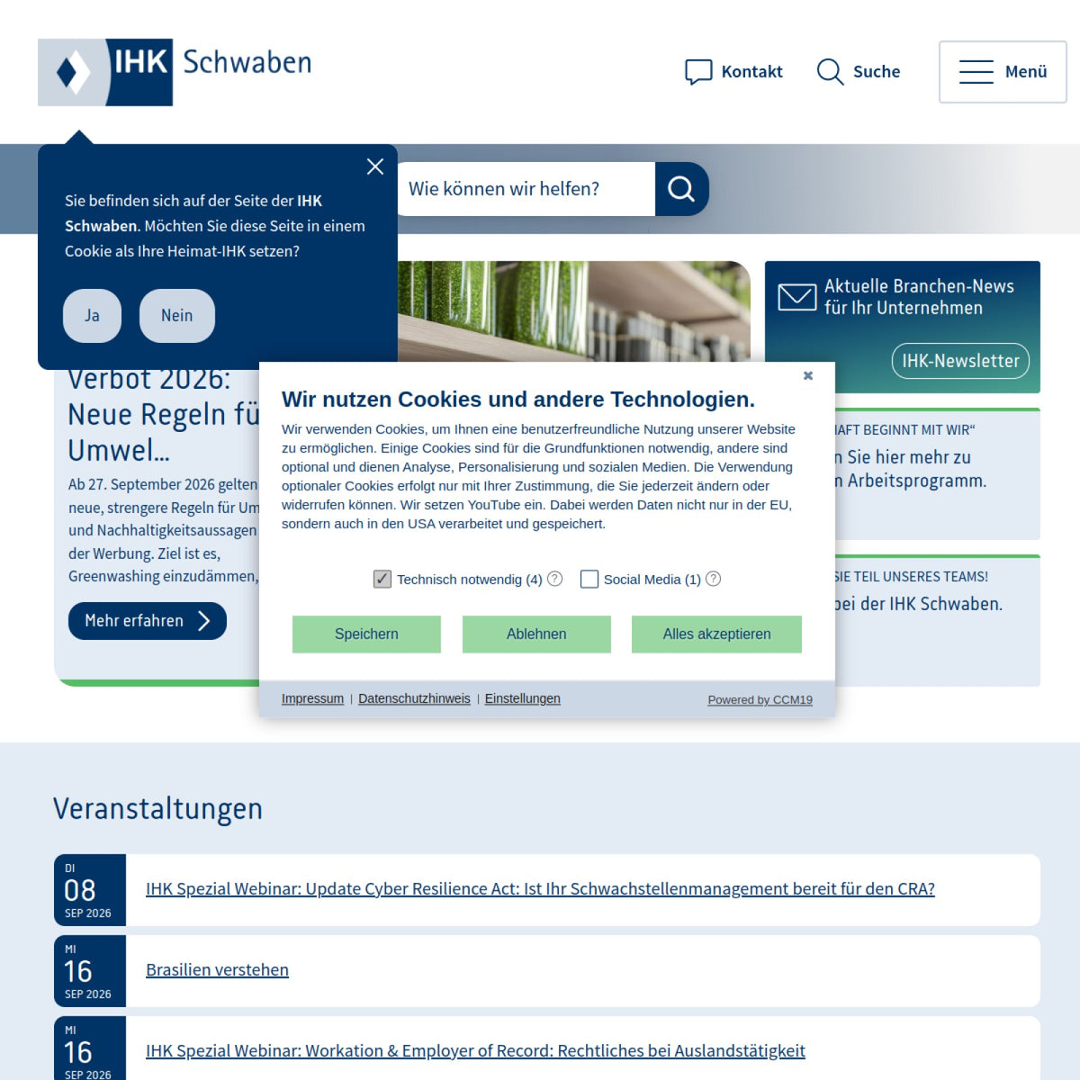 Screenshot der offiziellen Website von Industrie- und Handelskammer Schwaben