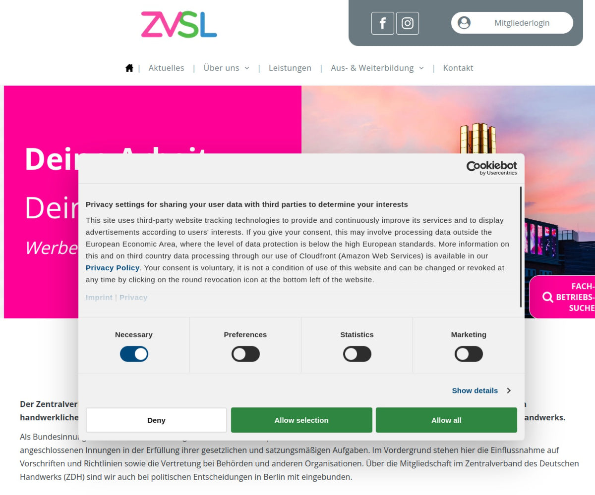 Screenshot der offiziellen Website von Zentralverband Schilder und Lichtreklame (ZVSL)