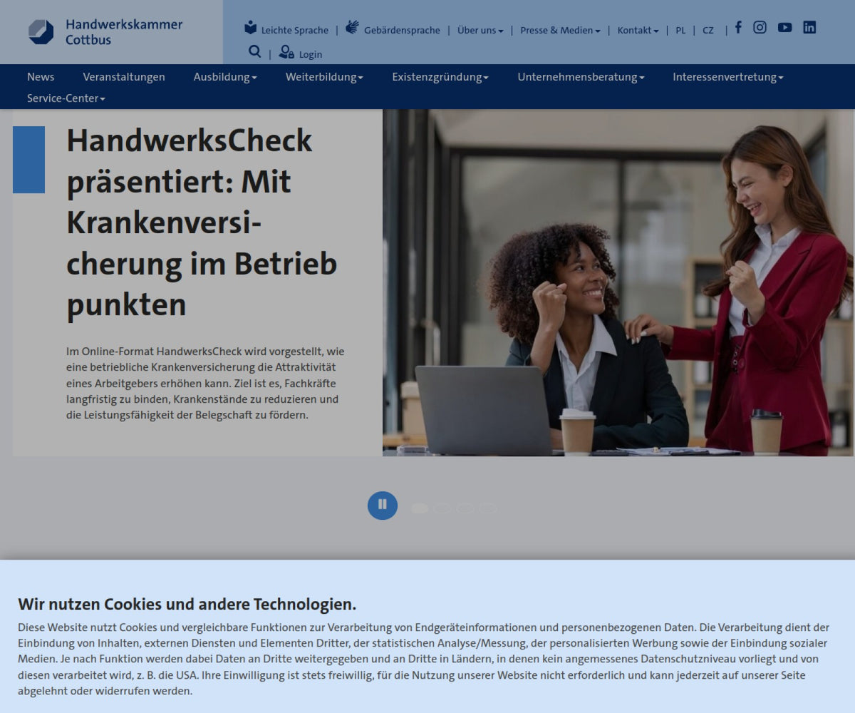 Screenshot der offiziellen Website von Handwerkskammer Cottbus