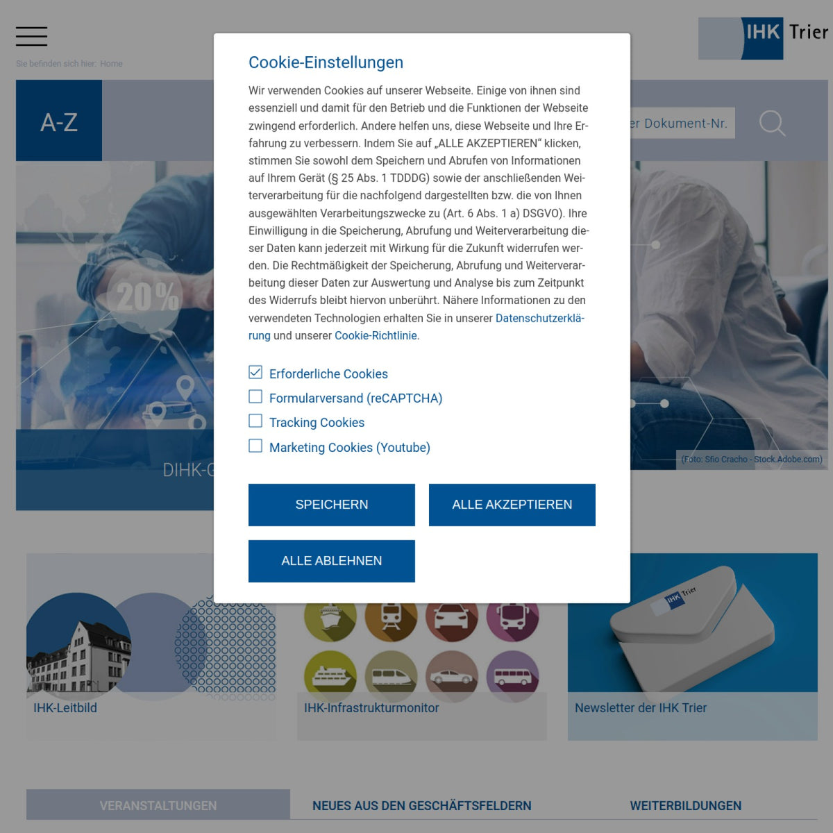 Screenshot der offiziellen Website von Industrie- und Handelskammer Trier