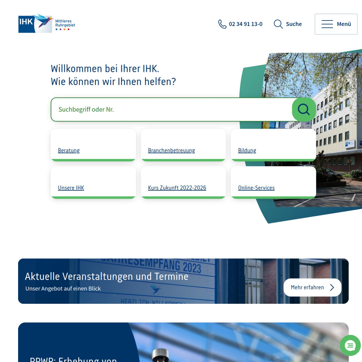 Screenshot der offiziellen Website von Industrie- und Handelskammer Mittleres Ruhrgebiet