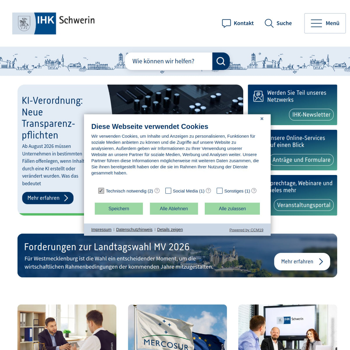 Screenshot der offiziellen Website von Industrie- und Handelskammer zu Schwerin